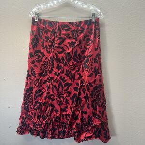 VTG 90s Y2K Sandra Floral Silk Skirt Fairy Whimsigoth‎ Red Black Midi Boho SZ 10